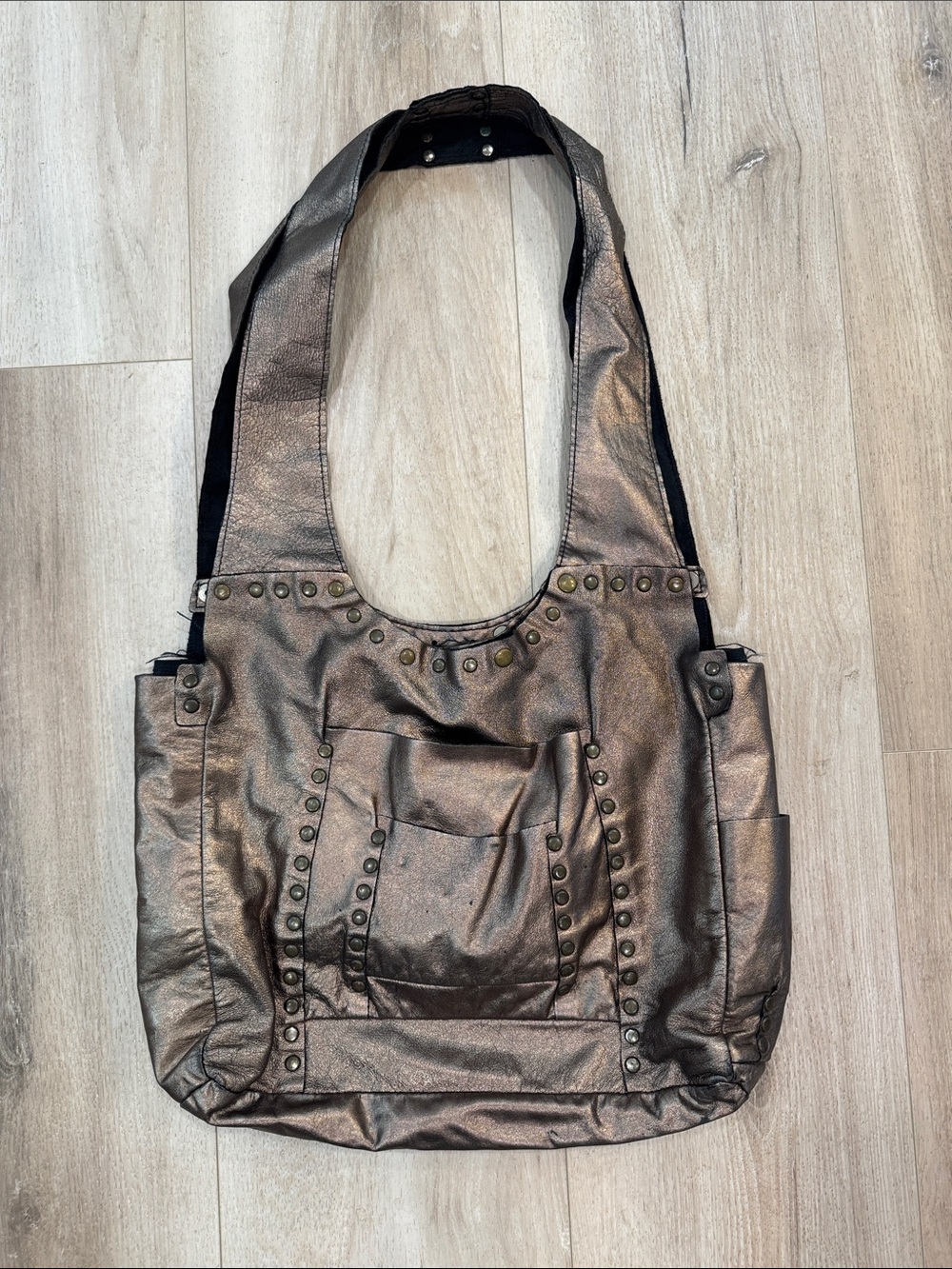 E.D.E. for Paulina Quintana Leather Metallic Bronze Studded Shoulder Tote